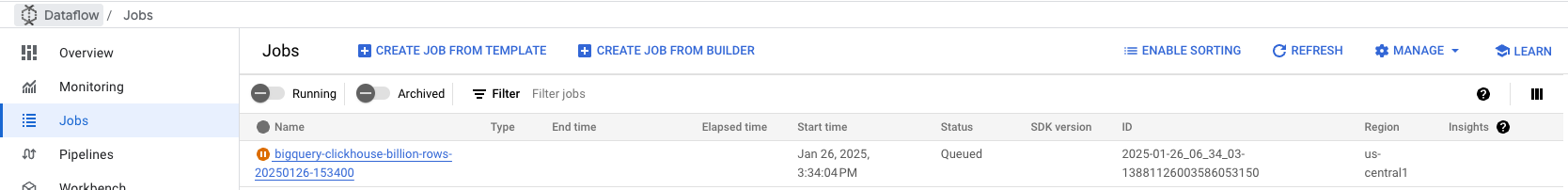 DataFlow console showing a running BigQuery to ClickHouse job - Zoomed